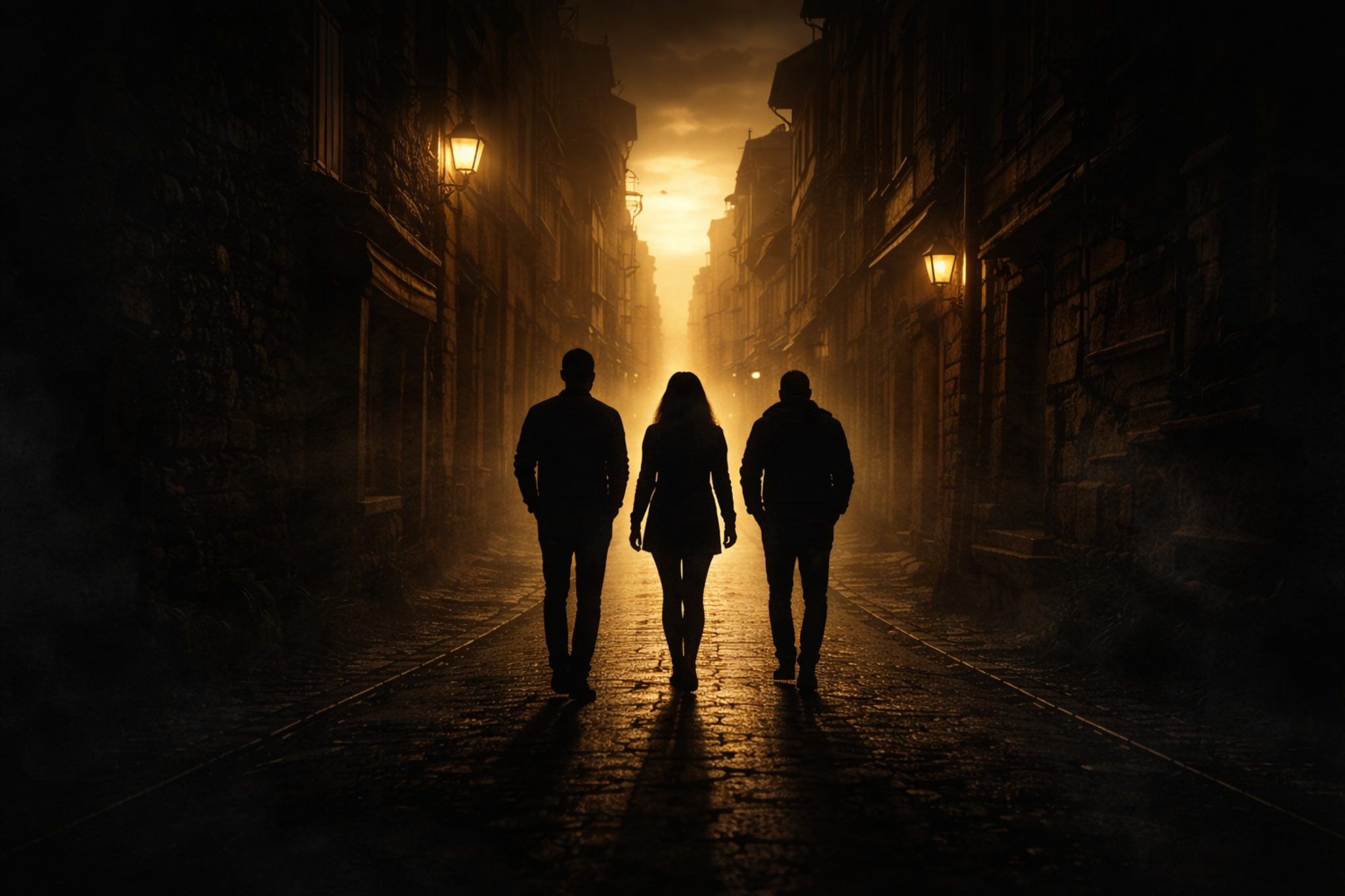 Mysterieuze steeg met drie silhouetten